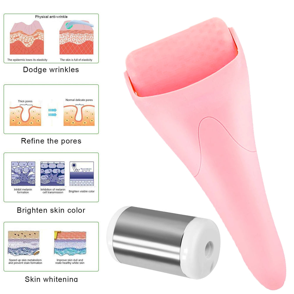 Facial Ice Roller in pink with removable roller, designed for skin rejuvenation and refreshing facial massage.
